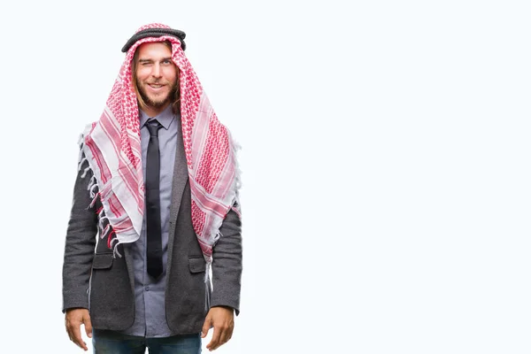 Joven Hombre Árabe Guapo Con Pelo Largo Usando Keffiyeh Sobre — Foto de Stock