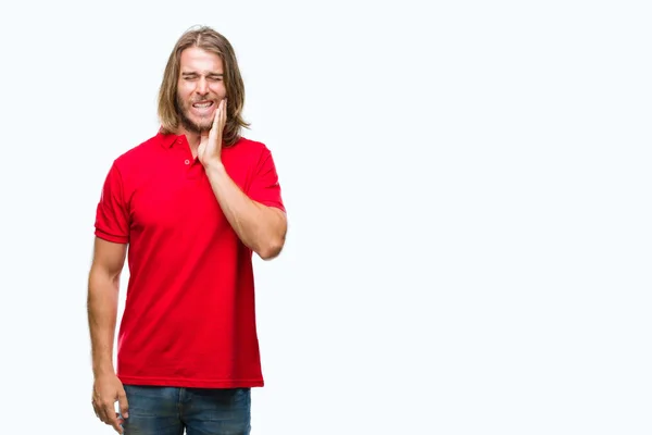 Young Handsome Man Long Hair Isolated Background Touching Mouth Hand — Stock Photo, Image