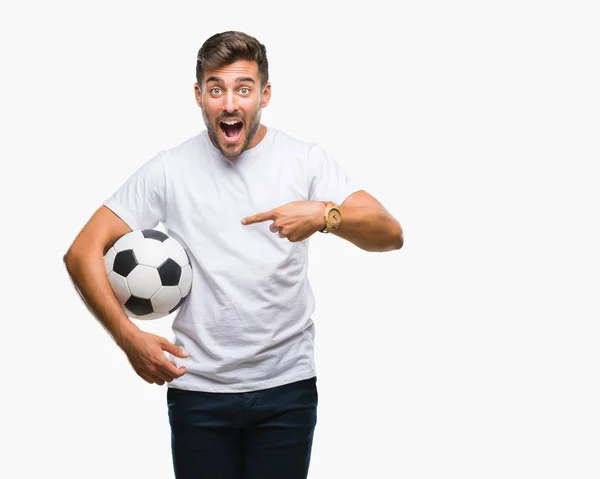 Jeune Homme Beau Tenant Ballon Football Sur Fond Isolé Très — Photo