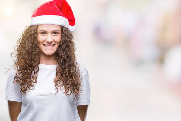 Menina Morena Jovem Usando Chapéu Natal Sobre Fundo Isolado Com — Fotografia de Stock
