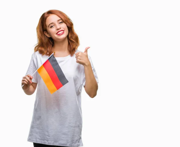 Mladá Krásná Žena Držící Vlajkou Německa Nad Izolované Pozadí Šťastný — Stock fotografie