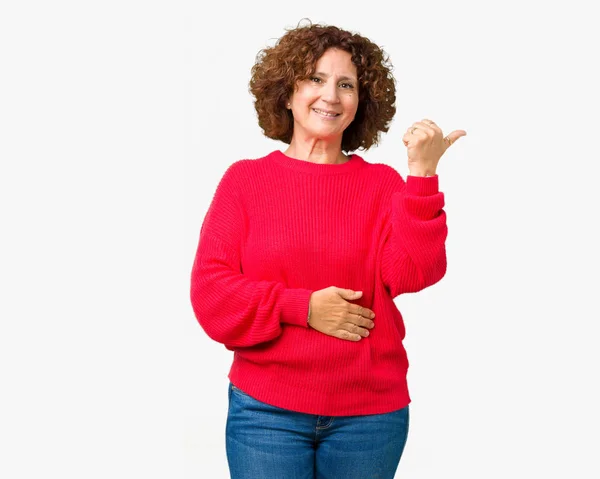 Beautiful Middle Ager Senior Woman Red Winter Sweater Isolated Background — Stock Photo, Image