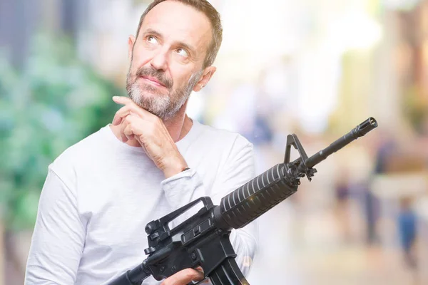 Middle Age Senior Hoary Criminal Man Holding Gun Weapon Isolated — Stock Photo, Image