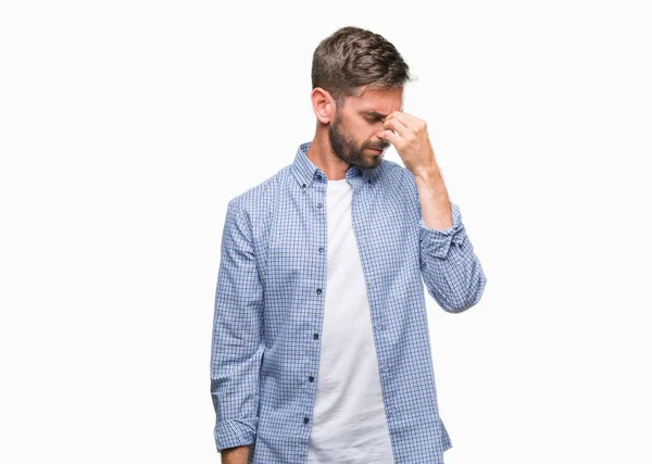 Joven Hombre Guapo Con Camiseta Blanca Sobre Fondo Aislado Cansado —  Fotos de Stock