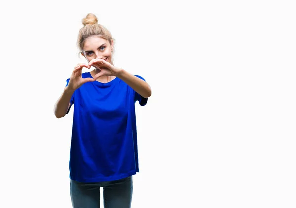 머리와 기호와 손으로 모양을 보여주는 사랑에 파란색 티셔츠를 낭만주의 — 스톡 사진