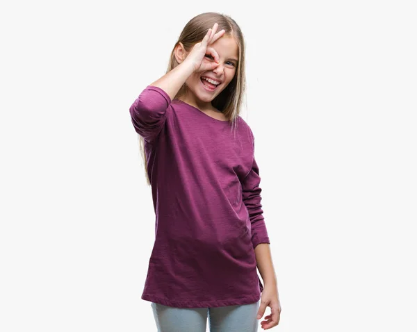 Young Beautiful Girl Isolated Background Doing Gesture Hand Smiling Eye — Stock Photo, Image