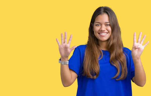 Joven Hermosa Morena Vistiendo Camiseta Azul Sobre Fondo Aislado Mostrando — Foto de Stock