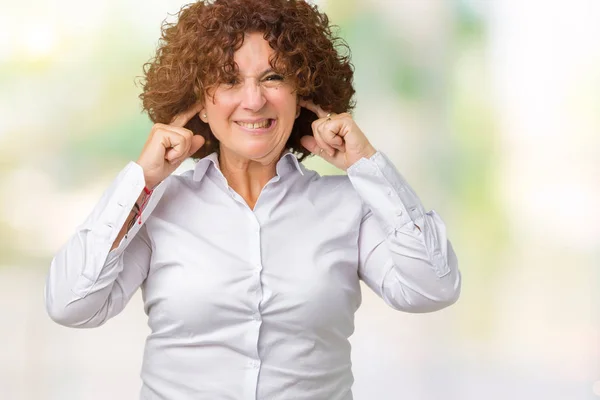 Beautiful Middle Ager Senior Businees Woman Isolated Background Covering Ears — Stock Photo, Image