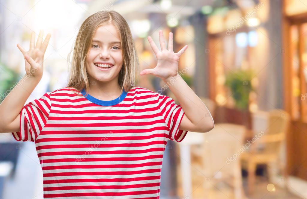 Young beautiful girl over isolated background showing and pointing up with fingers number nine while smiling confident and happy.