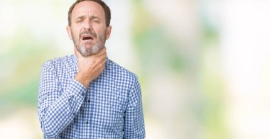 Yakışıklı orta yaş zarif komuta sizde izole üzerinde arka plan ağrılı boyun, boğaz gribi, kesek ve enfeksiyon için dokunaklı