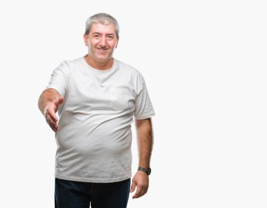 Tebrik ve konuksever dost sunan karşılıklı gülümseyen izole arka plan üzerinde yakışıklı komuta sizde. Başarılı iş.