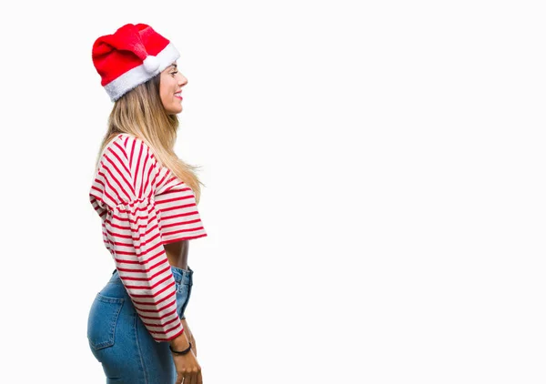 Jeune Belle Femme Portant Chapeau Noël Sur Fond Isolé Regardant — Photo