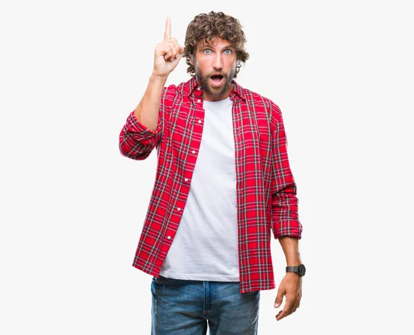 Schöner Hispanischer Mustermann Mit Isoliertem Hintergrund Der Mit Erhobenem Zeigefinger — Stockfoto