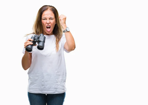 Middle Age Hispanic Woman Looking Binoculars Isolated Background Annoyed Frustrated — Stock Photo, Image