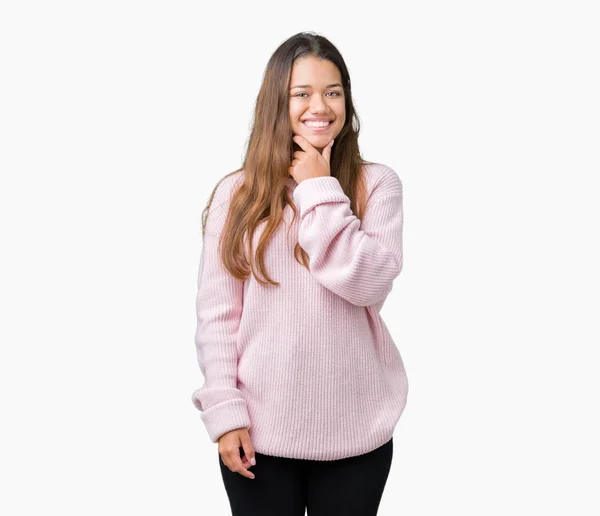 Młoda Piękna Kobieta Brunetka Swetrze Różowy Zima Nad Białym Tle — Zdjęcie stockowe