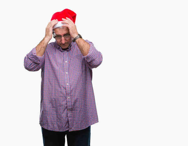 Pěkný Starší Muž Nosí Vánoční Čepice Izolované Pozadí Trpí Bolest — Stock fotografie