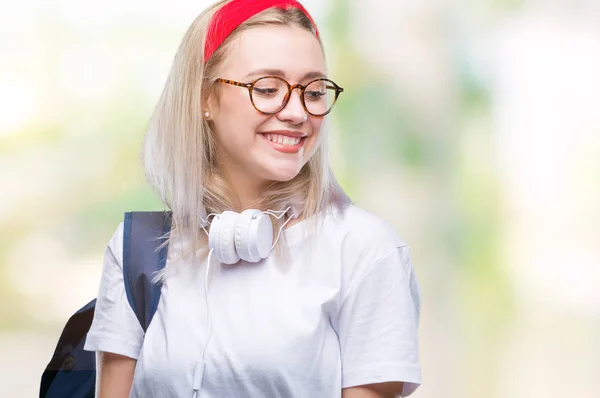 Junge Blonde Studentin Mit Brille Und Rucksack Vor Isoliertem Hintergrund — Stockfoto