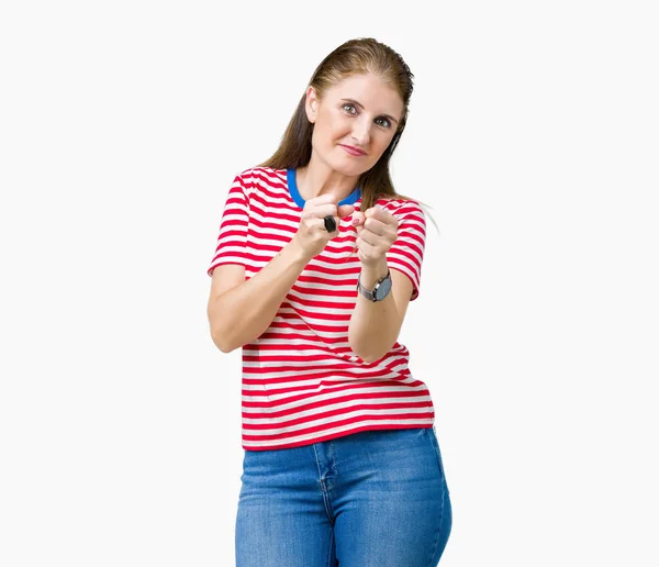 Rijpe Vrouw Van Middelbare Leeftijd Dragen Casual Shirt Geïsoleerde Achtergrond — Stockfoto