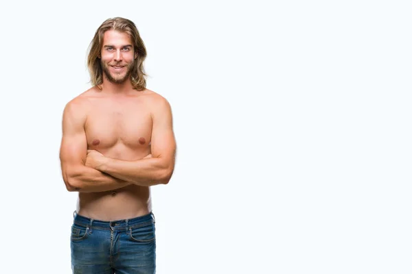 Genç Yakışıklı Gömleksiz Adam Uzun Saçlı Seksi Vücut Üzerinde Gösterilen — Stok fotoğraf