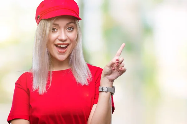 Jovem Loira Usando Chapéu Vermelho Sobre Fundo Isolado Com Grande — Fotografia de Stock