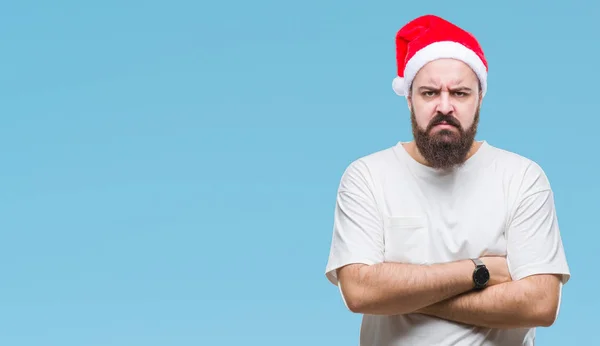 Joven Hipster Caucásico Con Sombrero Navidad Sobre Fondo Aislado Escéptico — Foto de Stock