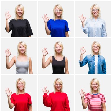 Güzel sarışın kadın giyiyor değişik rahat kolaj üzerinde gülümseyen izole arka plan el ve parmaklar ok işaretiyle yapıyor olumlu görünüyor. Başarılı ifade.