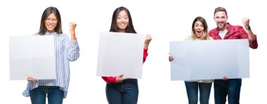 Kolaj gurur çığlık ve zafer ve başarı çok heyecanlı, duygu tezahürat kutluyor izole arka plan üzerinde Çince ve hispanish insanlar holding Banner