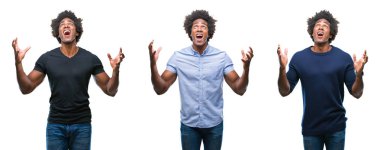 Kolaj bir Afrikalı-Amerikalı genç yakışıklı adam izole arka plan çılgın ve kızgın bağırarak ve agresif ifade ve silah kaldırdı bağırıyor. Hayal kırıklığı kavramı.