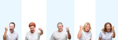 Arka plan kızgın kolaj grup orta yaş ve üzerinde beyaz t-shirt giyen üst düzey insanlar izole ve kızgın yetiştirme hayal kırıklığı ve öfke ile bağırarak süre öfkeli yumruk. Öfke ve agresif kavramı.