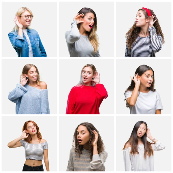 Collage Junger Schöner Frauen Vor Isoliertem Hintergrund Die Lächelnd Mit — Stockfoto