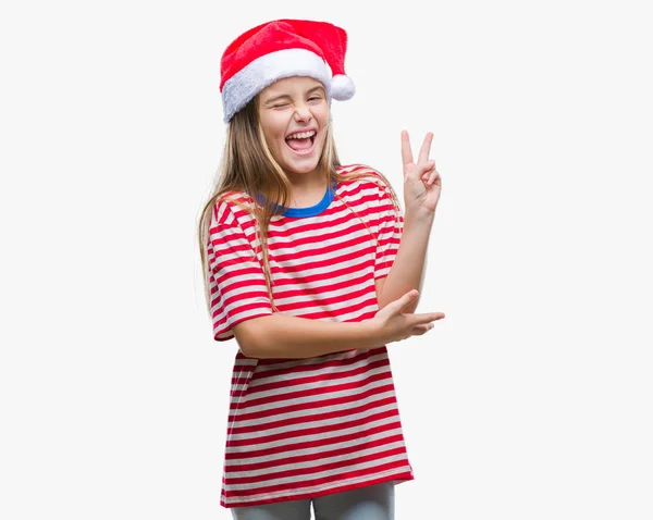 Молода Красива Дівчина Різдвяному Капелюсі Над Ізольованим Фоном Посміхається Щасливим — стокове фото