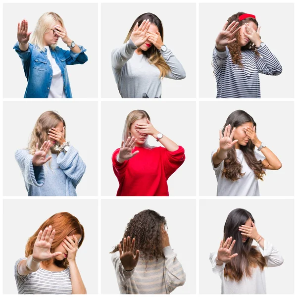 Collage Mujeres Jóvenes Hermosas Sobre Fondo Aislado Cubriendo Los Ojos — Foto de Stock