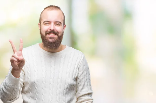 Giovane Uomo Hipster Caucasico Indossa Maglione Invernale Sfondo Isolato Mostrando — Foto Stock