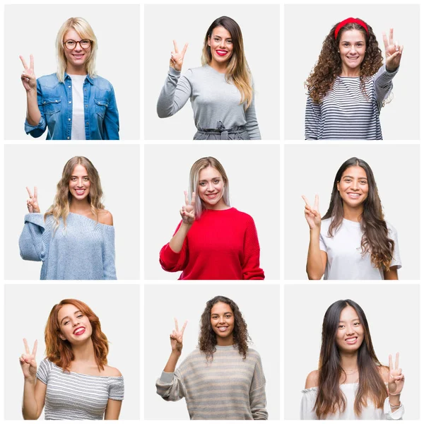 Collage Unga Vackra Kvinnor Över Isolerade Bakgrund Visar Och Pekar — Stockfoto