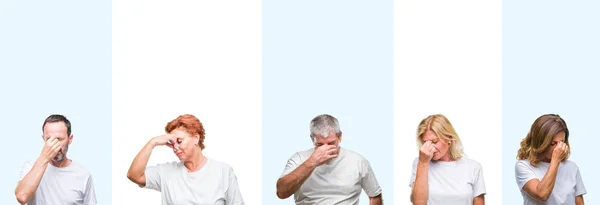 Colagem Grupo Meia Idade Idosos Vestindo Camiseta Branca Sobre Fundo — Fotografia de Stock