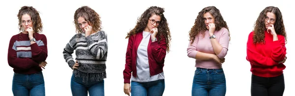 Collage Giovane Bruna Capelli Ricci Ragazza Sfondo Isolato Cercando Stressato — Foto Stock