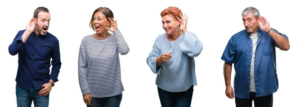 一群优雅的中年人和高人在孤立的背景下微笑着用耳朵听谣言或流言蜚语 耳聋概念 — 图库照片