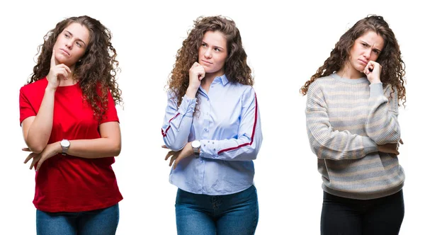Collage Young Brunette Curly Hair Girl Isolated Background Hand Chin — Stock Photo, Image