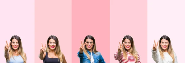 Collage Joven Hermosa Mujer Sobre Rayas Rosadas Fondo Aislado Mostrando —  Fotos de Stock