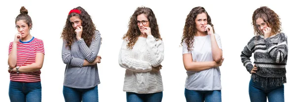 Collage Van Jonge Brunette Krullend Haar Meisje Geïsoleerde Achtergrond Zoek — Stockfoto