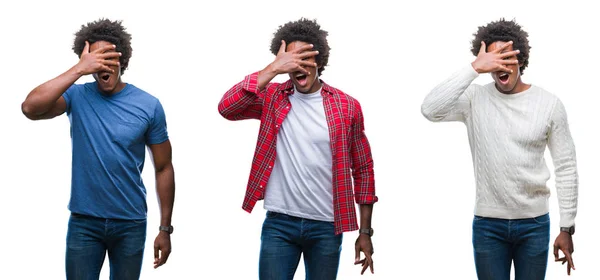 Colagem Afro Americano Jovem Bonito Homem Sobre Fundo Isolado Espreitando — Fotografia de Stock