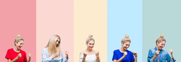 Collage Bella Donna Bionda Strisce Colorate Sfondo Isolato Molto Felice — Foto Stock