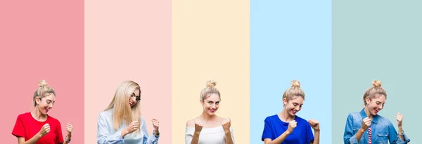 Collage Hermosa Mujer Rubia Sobre Rayas Colores Fondo Aislado Muy —  Fotos de Stock