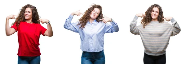 Collage Van Jonge Brunette Krullend Haar Meisje Geïsoleerde Achtergrond Zoek — Stockfoto