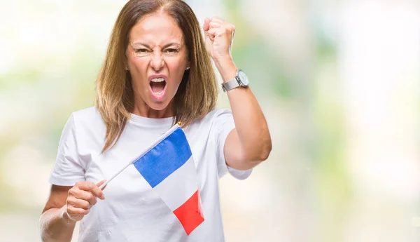 Femme Hispanique Moyen Âge Tenant Drapeau France Sur Fond Isolé — Photo