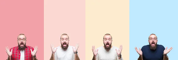 Collage Hombre Joven Con Barba Sobre Rayas Colores Fondo Aislado —  Fotos de Stock