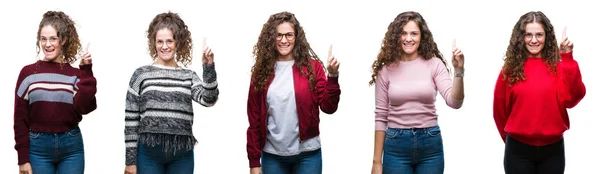 Colagem Jovem Morena Cabelo Encaracolado Menina Sobre Fundo Isolado Mostrando — Fotografia de Stock