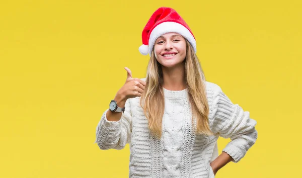 Joven Hermosa Mujer Rubia Con Sombrero Navidad Sobre Fondo Aislado — Foto de Stock