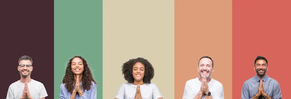 Collage Group Young Senior People Colorful Isolated Background Praying Hands — Stock Photo, Image