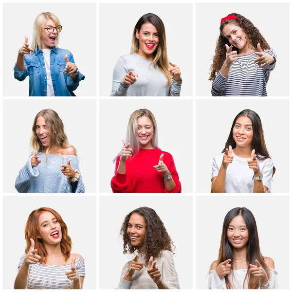 Collage Mujeres Hermosas Jóvenes Sobre Fondo Aislado Señalando Los Dedos —  Fotos de Stock